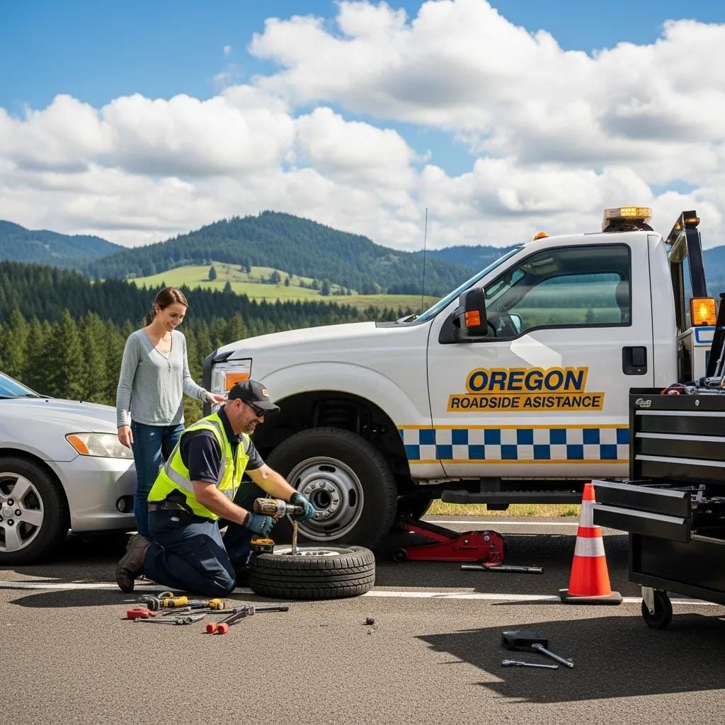 Technician performing a jump start on a vehicle's battery in a roadside setting