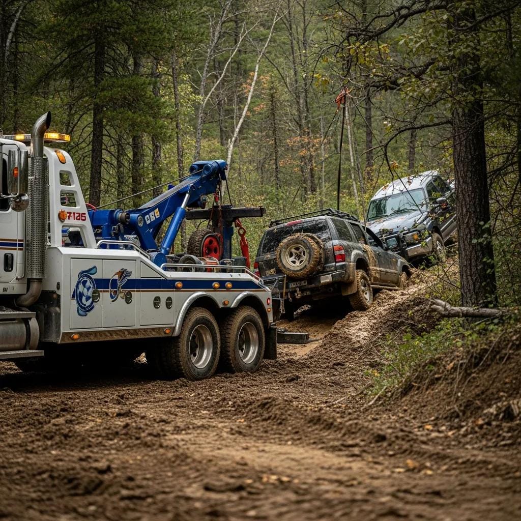Tow truck winching a vehicle out of mud during off‑road recovery in Oregon