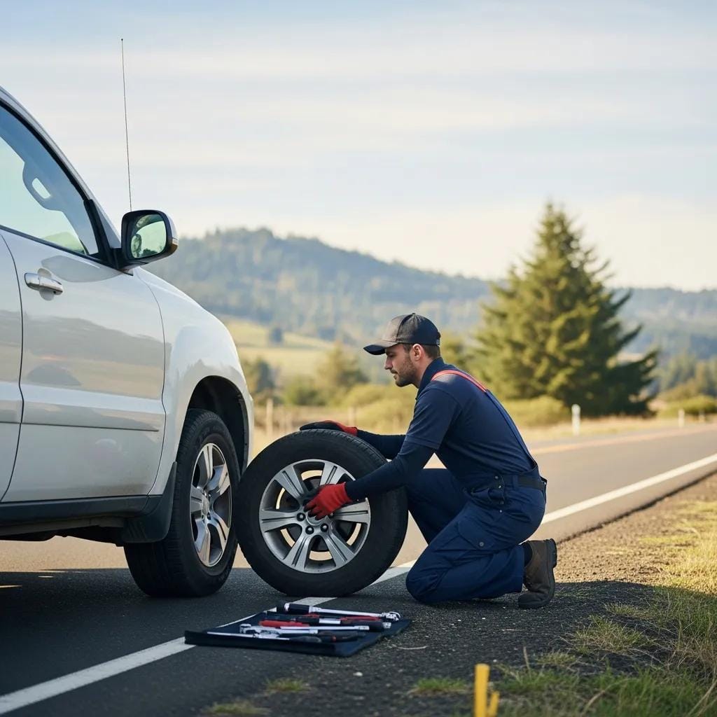 Roadside technician changing a flat tire for a driver in Oregon