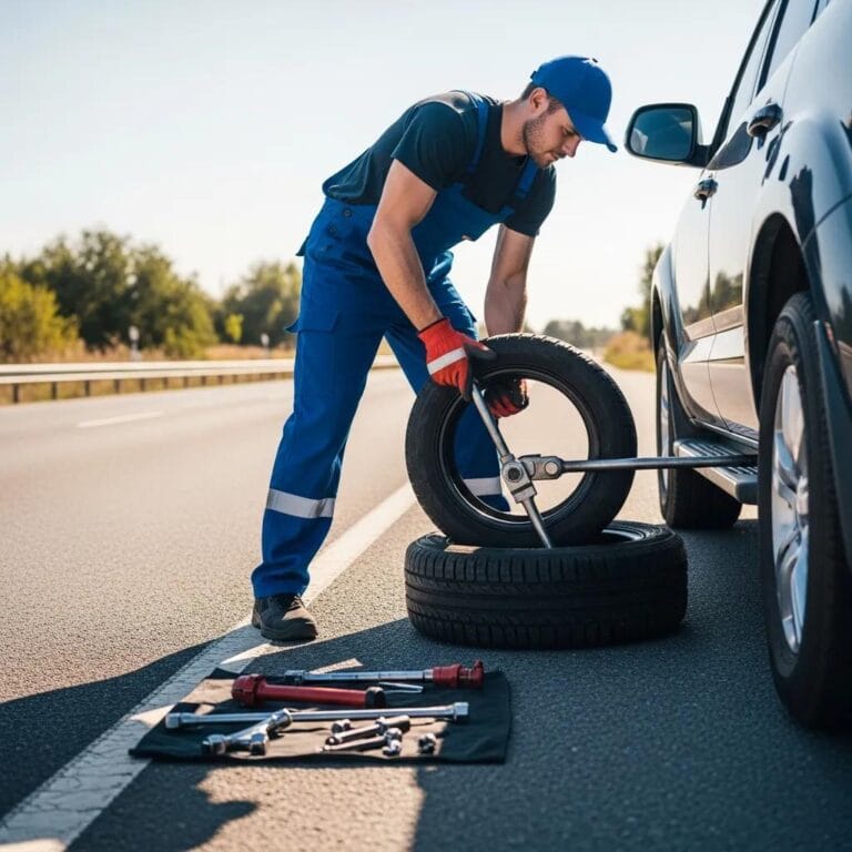 Technician changing a flat tire on a vehicle by the roadside in Oregon