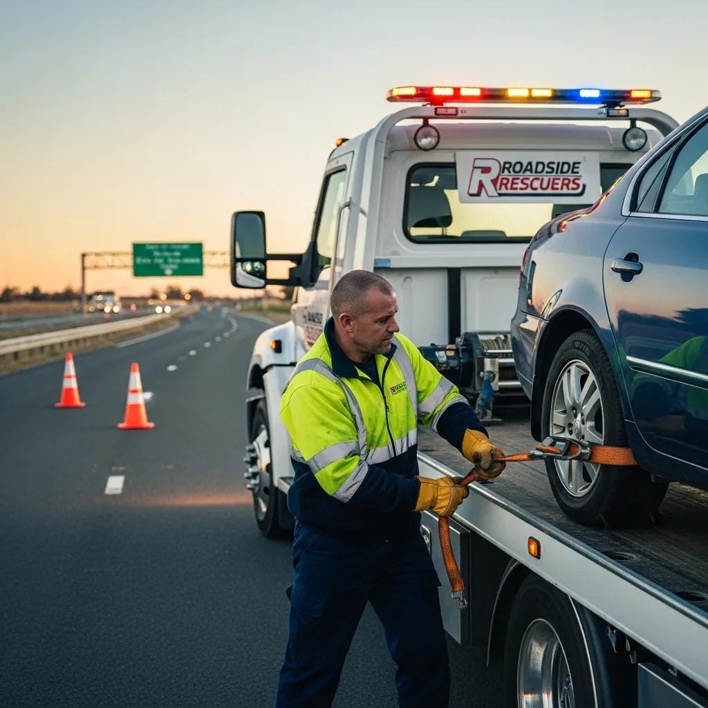 Tow operator securing a vehicle for safe transport after an accident