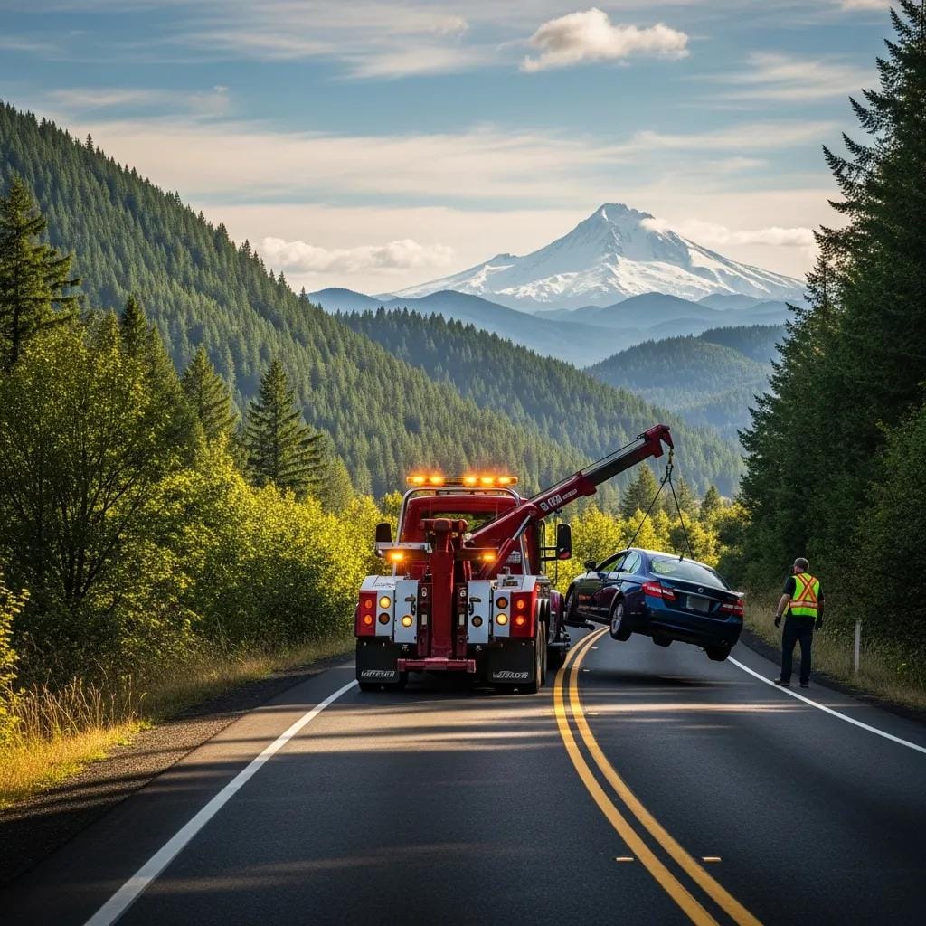 Tow truck providing emergency roadside assistance on a scenic Oregon road